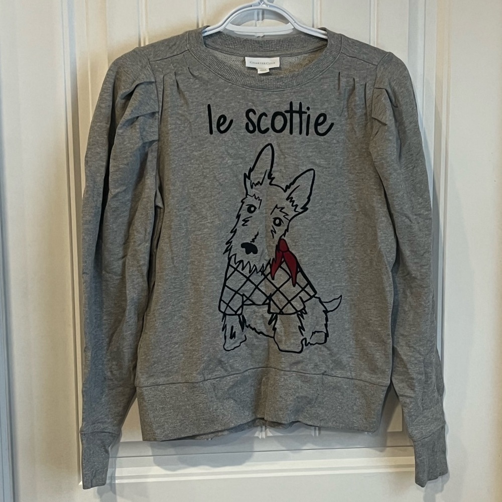NWT Puff Sleeve Le Scottie Dog Charter Club Heather Grey Sweatshirt Petite Small